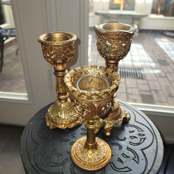 Elaborate Baroque Glittery Gold Candle Sticks With Glass Set of 3 - Picture 1 of 3